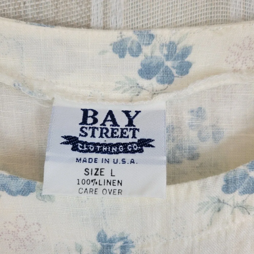 Vintage Bay Street Linen Blouse Top Floral White Blue Size Large Boxy Fit Boho - Picture 4 of 10